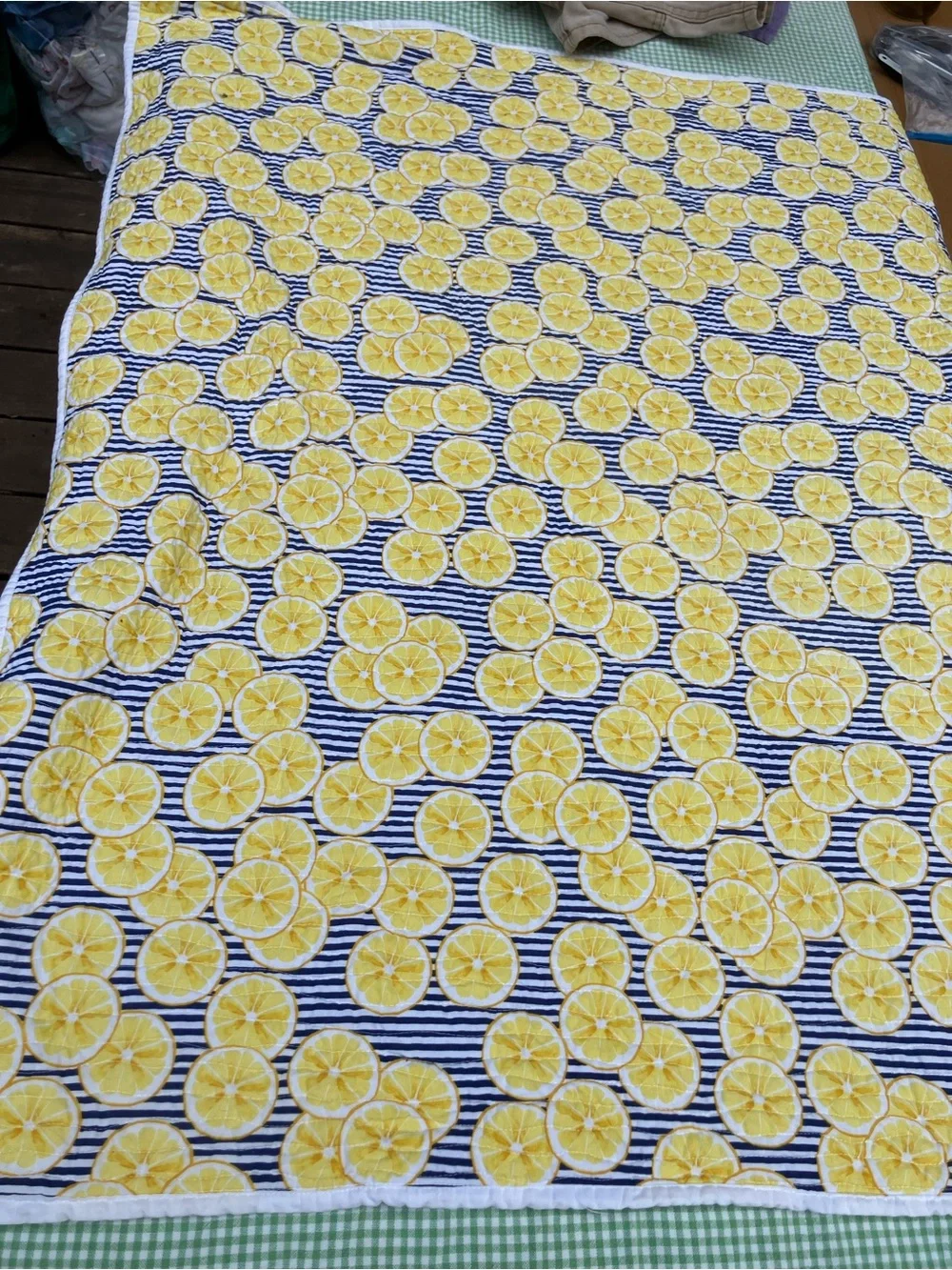 Lemon and stripes back or picnic blanket handmade quilt 38 x 30 sturdy thick
